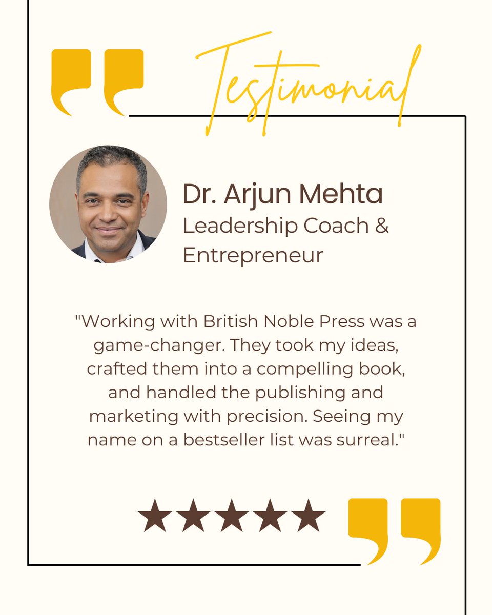BritishNoble's tweet photo. Nothing makes us prouder than seeing our clients’ words tell the story for us.” ✍️✨

At British Noble Press, every book we craft is more than just pages - it’s a legacy, a voice, and a powerful tool for authority.

Here’s what Dr Arjun Mehta had to say about their journey with our Premium Concierge Book Writing Service.

Your story deserves to be told at this level. 📚

#ClientTestimonial #AuthorJourney #GhostwritingService #PersonalBranding #BookLaunch #AuthorityBuilding #BritishNoblePress