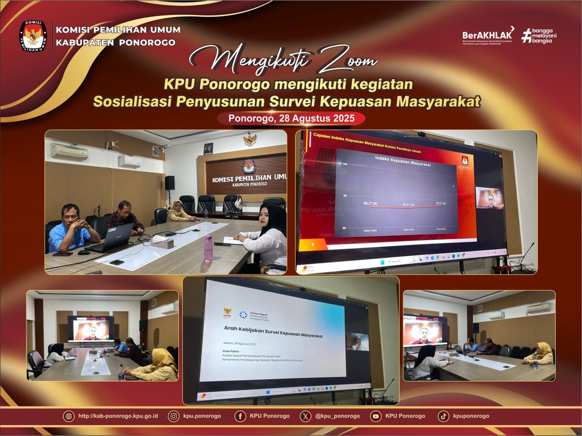 TemanPemilih,KPU Kabupaten Ponorogo mengikuti kegiatan via zoom tentang Sosialisasi Penyusunan Survei Kepuasan Masyarakat (SKM) Tahun 2025, yang dilaksanaka oleh KPU Republik Indonesia pada Kamis, 28 Agustus 2025. Selengkapnya di website kab-ponorogo.kpu.go.id

#kpuponorogo2025