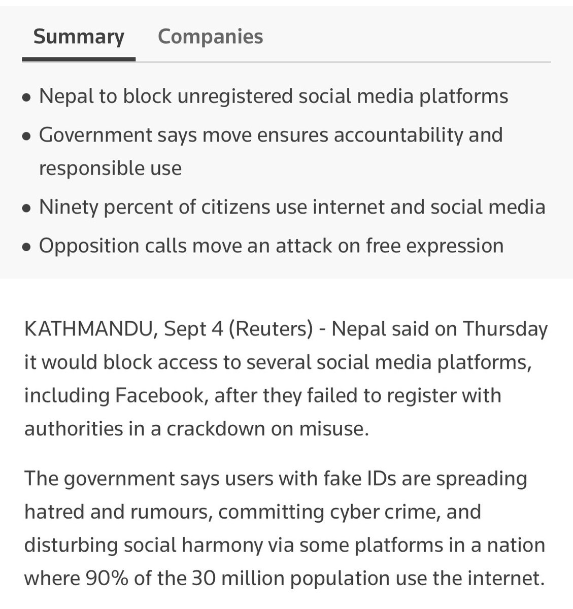 wrathofgnon's tweet image. Interesting move from Nepal: &quot;We gave them enough time to register and repeatedly requested them to comply with our request, But they ignored and we had to shut their operations in Nepal.&quot; Sayonara Facebook Nepal.
reuters.com/sustainability…