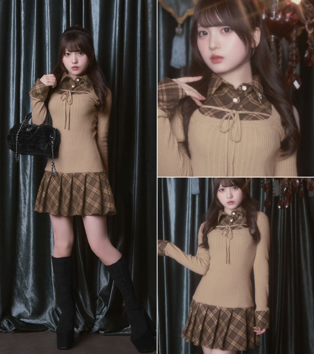 ミシェルマカロン チェックドッキングワンピース BLK チェック