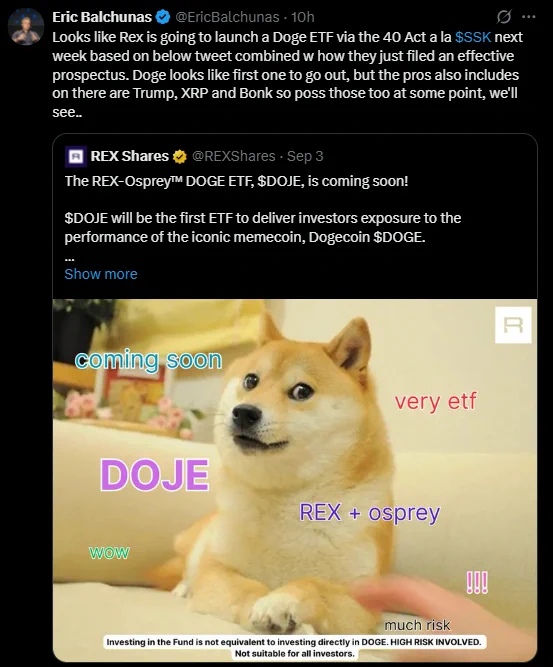 🥔CRIPTOVALUTE : Rex pronta a lanciare il primo ETF su Dogecoin secondo Eric Balchunas di Bloomberg