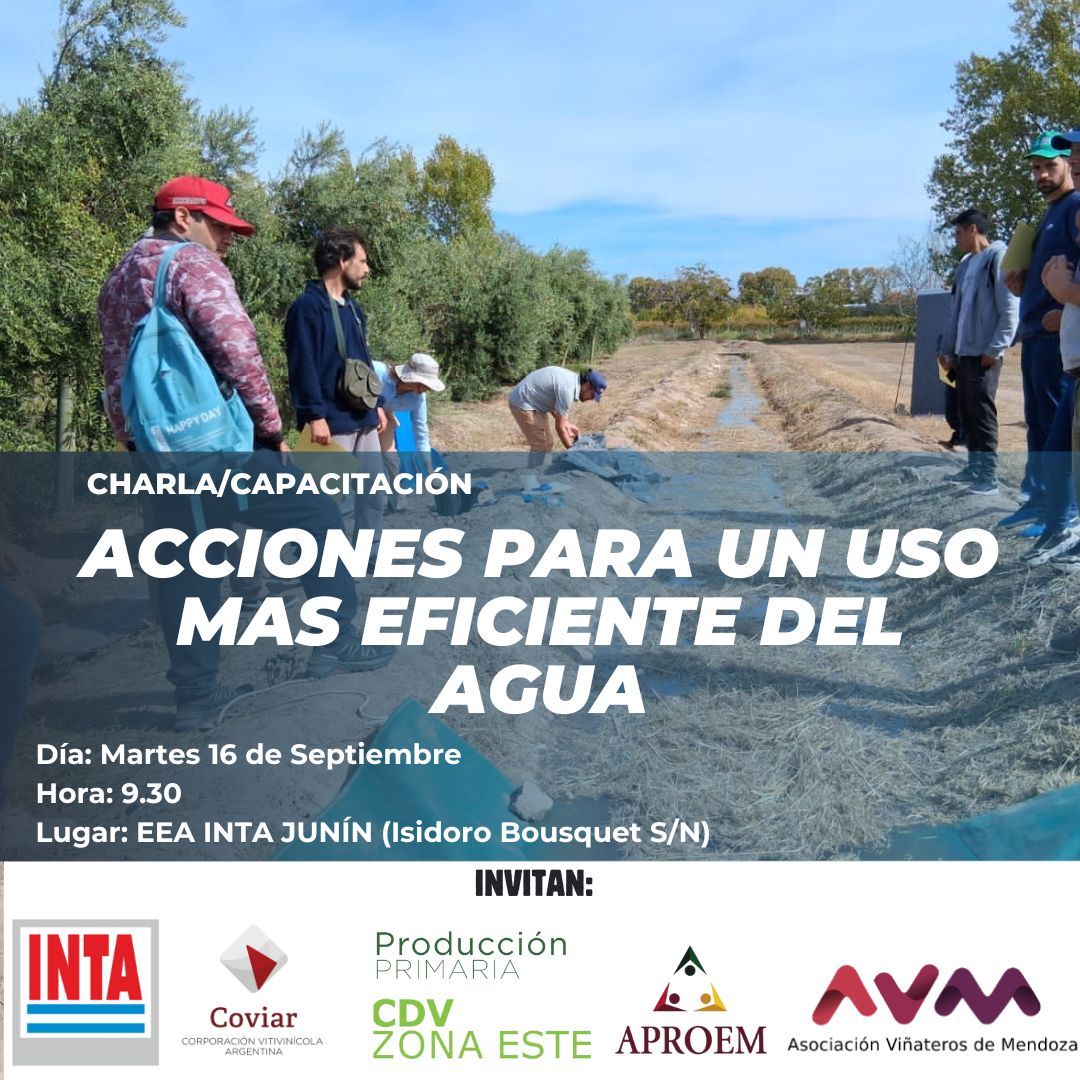 “ACCIONES PARA UN USO MÁS EFICIENTE DEL AGUA”

Una jornada destinada a productores y público en general para compartir herramientas y experiencias que promuevan un mejor aprovechamiento del recurso hídrico.

#viñaterosdemendoza
