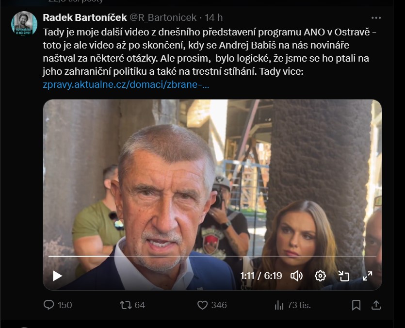 Přeji všem krásné páteční ráno, probudil jsem se, chtěl jsem si jít zaběhat, ale v hlavě mám příliš moc usazený včerejší emotivnější rozhovor s panem předsedou Andrejem Babišem na téma zahraniční politiky naší země a jeho stíhání ohledně Čapího hnízda - takže místo běhu teď píšu