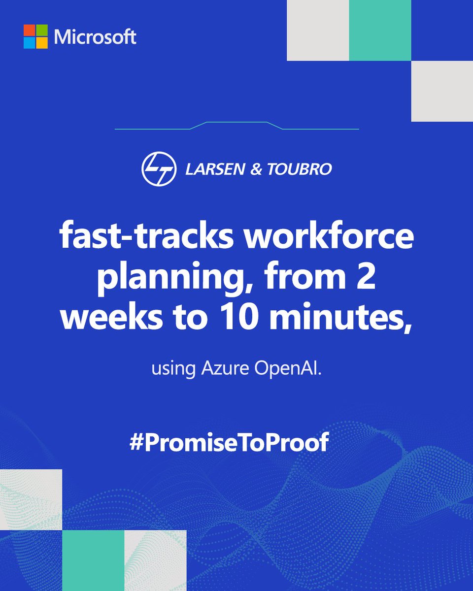 MicrosoftIndia's tweet photo. Larsen &amp; Toubro is turning #AI ambition into action with a business-first approach. From faster planning to real-time tracking, see how they’re deploying 100+ #GenAI use cases that are already transforming how they build, plan and deliver. https://t.co/suADe6JCGG #PromiseToProof https://t.co/HLt1MoZbUt