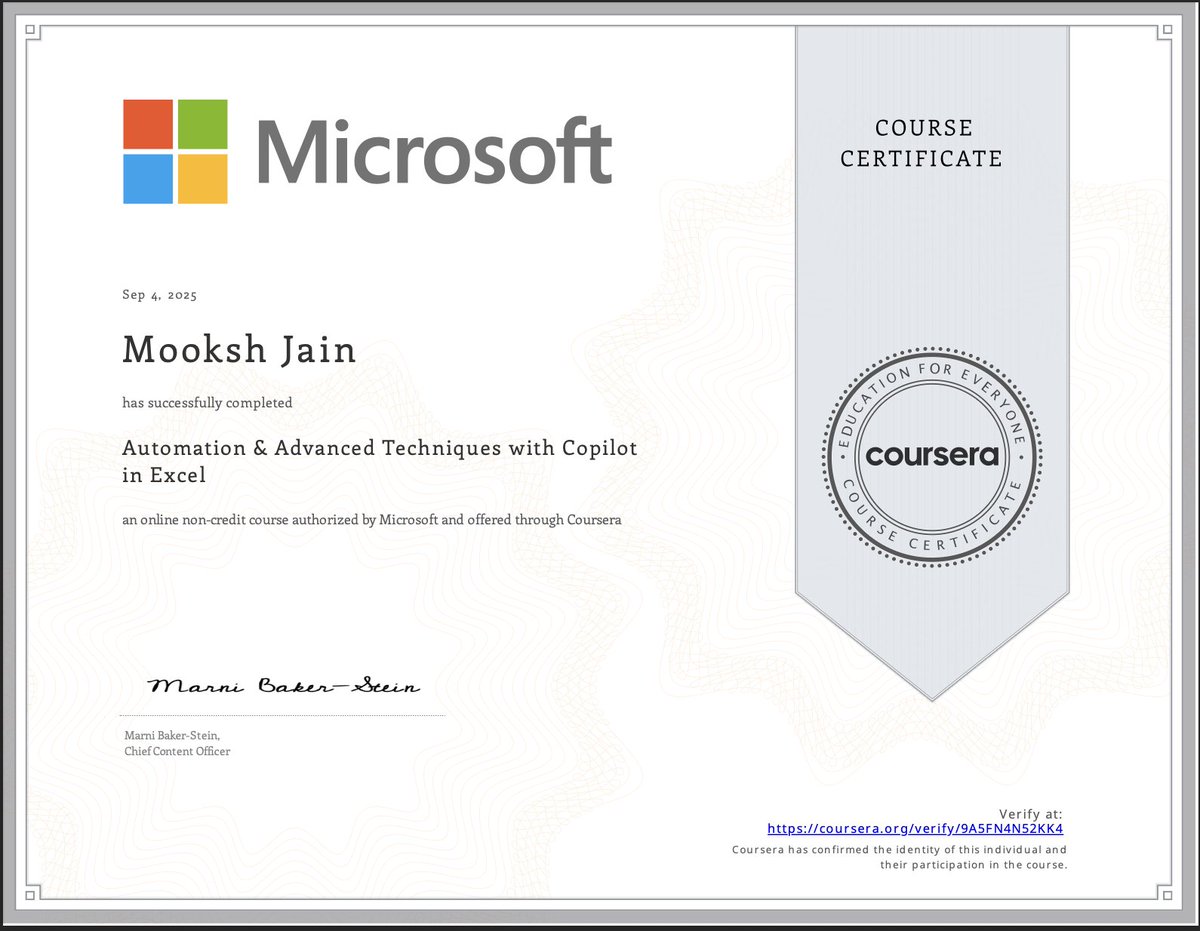 Maverickbitcode's tweet image. Just wrapped up all 4 Microsoft Learn courses — finishing strong with Automation & Advanced Techniques with Copilot in Excel! From PivotCharts to prompt engineering, I’m now equipped to turn raw data into smart, AI-powered insights. #MicrosoftLearn #CopilotInExcel