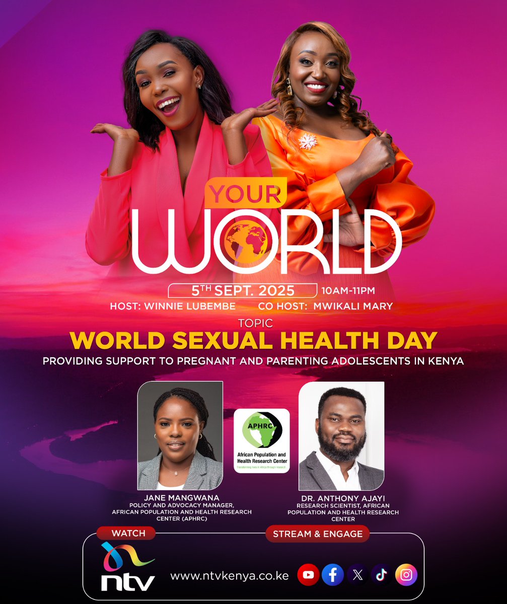 aphrc's tweet image. Join us live on @ntvkenya this morning at 10:00 am (EAT), as the Center’s @aiajayi and @MangwanaVJ share insights on providing support to pregnant and parenting adolescents in Kenya, in commemoration of #WorldSexualHealthDay.

#ASRH #APHRCResearch

@CKyobutungi @amveyange…