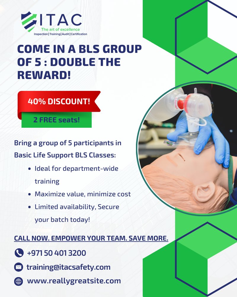 ItacSafety's tweet image. Special BLS Training Offers for Healthcare Team
🔹 Group of 3 → 1 FREE seat (30% OFF)
🔹 Group of 5 → 2 FREE seats (40% OFF)
🔹 Group of 6 → 3 FREE seats (50% OFF)
🔹 Leaders’ Bonus → Cashback on 2 full batches!
📞971504013200 
#UAE #BLSTraining #ITACSafety