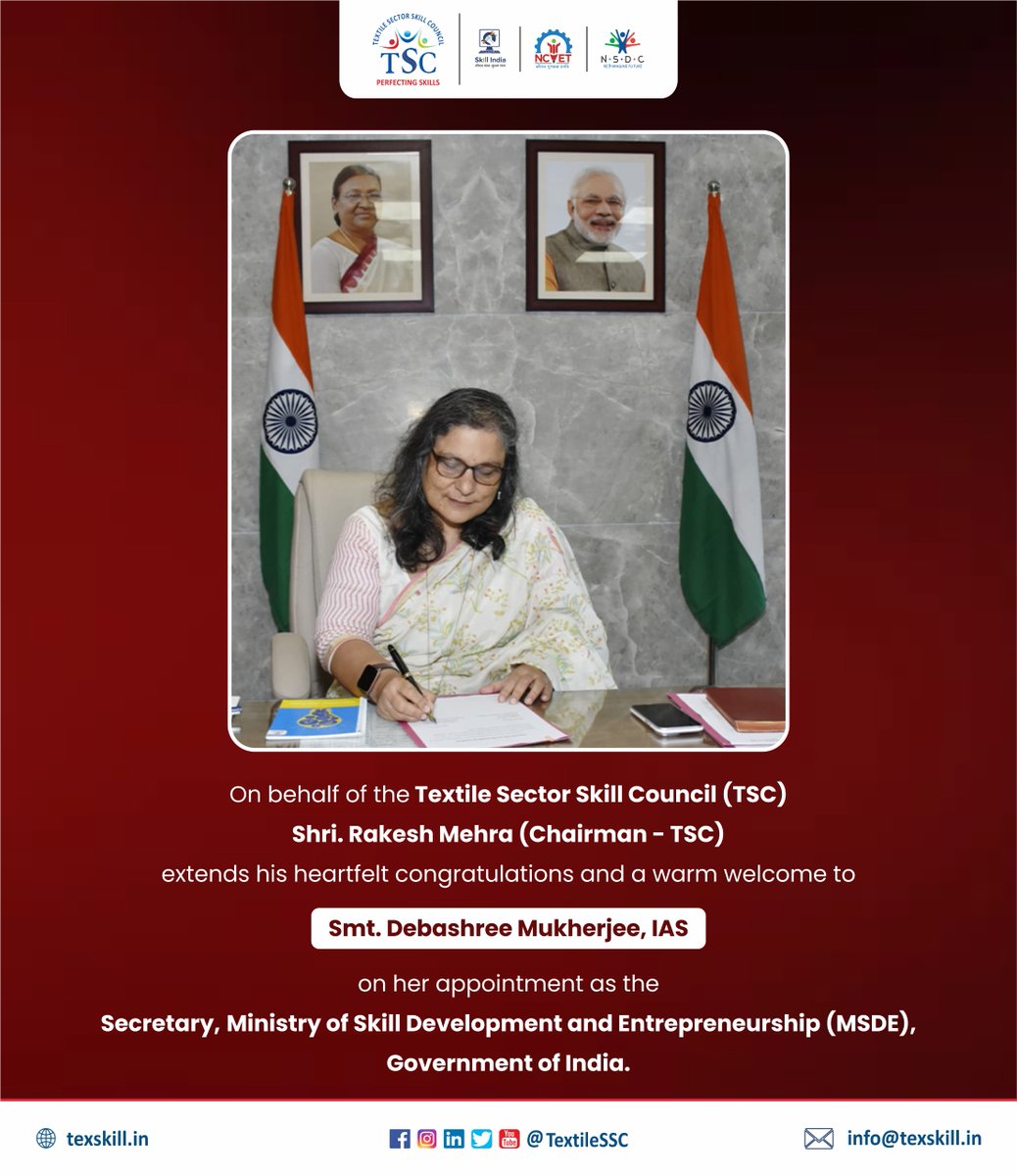 TextileSSC's tweet image. Heartfelt congratulations to Smt. Debashree Mukherjee, IAS on her appointment as Secretary, @MSDESkillIndia.
We at TSC look forward to her leadership in advancing India’s skilling ecosystem.
#MSDE #SkillIndia #Textiles