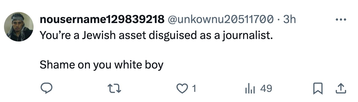 ‘#Jewish’ and ‘#white’ appear to be the two worst designations in the hyper-#progressive vocabulary.

(The late #AbuObaida, the just-martyred #Hamas spokesman, used to call any Zionist he hated, ‘son of a Jewess.’)

The one below was aimed at a Dutch author, <a href="/ThomasVLinge/">Thomas van Linge</a>