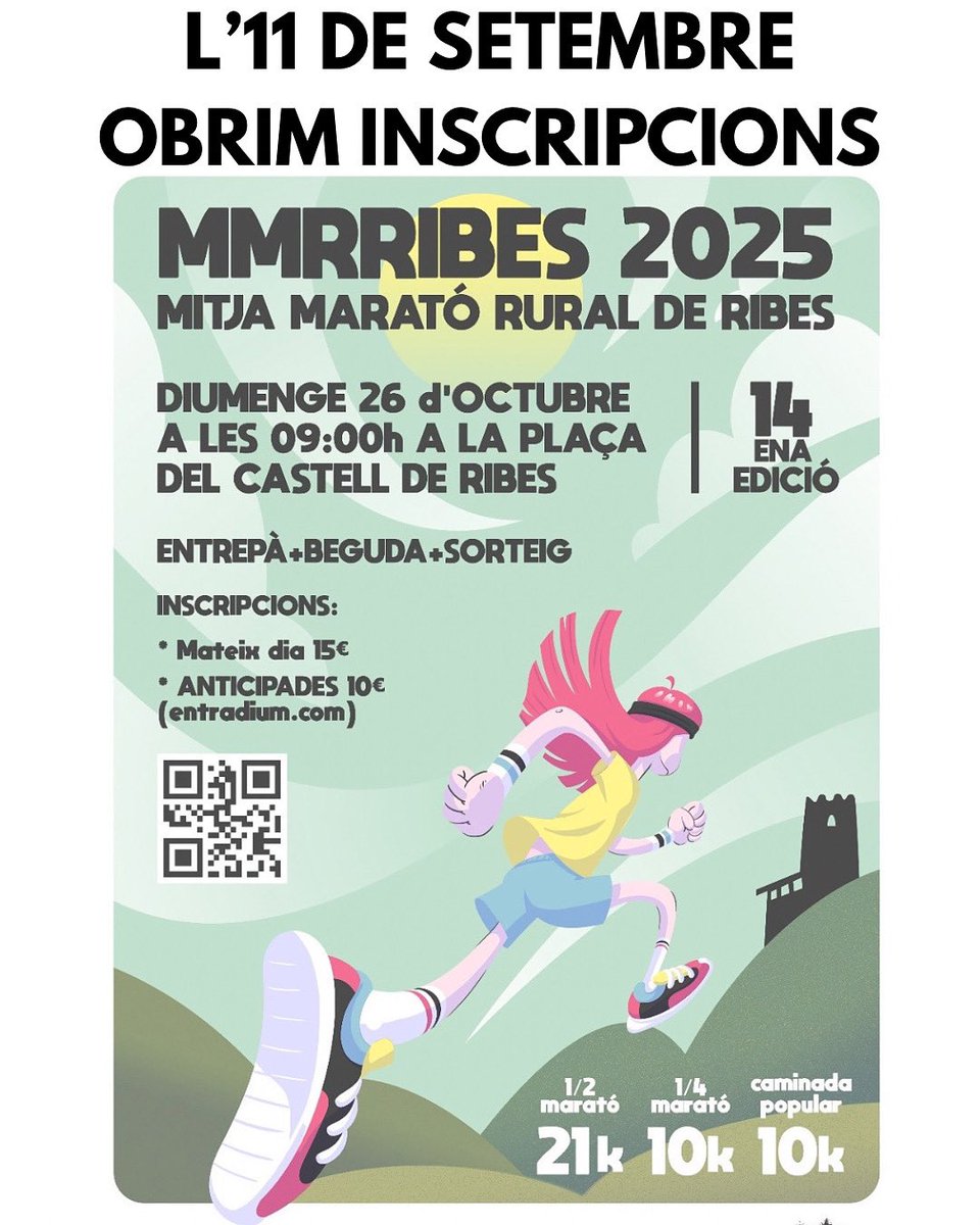 OBRIM INSCRIPCIONS
l’11 de Setembre a la Web d’ENTRADIUM 
per la #MMRRibes del 26 d’Octubre
Com cada any, nous recorreguts de #21K #10K i #CAMINADA10K  Entrepà de butifarra a l’Arribada (correu per opcions veganes).
IMPRESCINDIBLE portar got o bidó. 
No es poden portar animals.