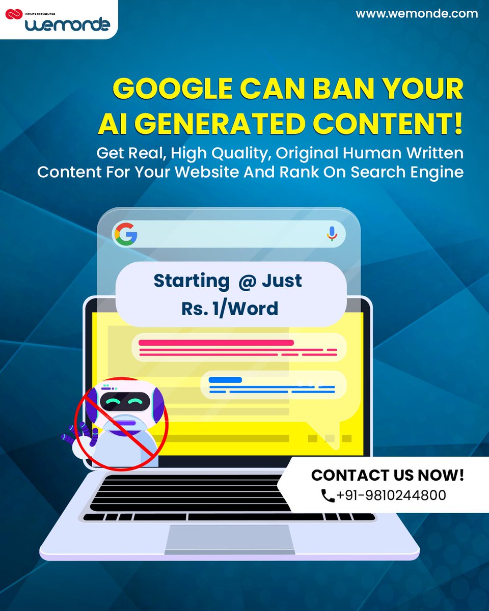 Google Can Bank Your AI Generated Content!
No need to upload more AI content when you have an experienced company who write Original AI free researched content.

Visit Wemonde.com
.
.
#contentwriting #writing #content #socialmedia #Media #social #wordpress #website