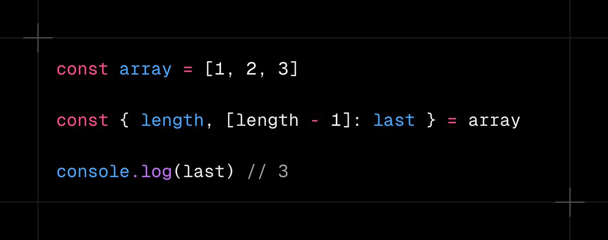 fernandorojo's tweet image. party trick to get the last item of an array in javascript:

destructure the array&apos;s 𝚕𝚎𝚗𝚐𝚝𝚑. then use a computed name (𝚕𝚎𝚗𝚐𝚝𝚑 - 𝟷) and alias it to 𝚕𝚊𝚜𝚝