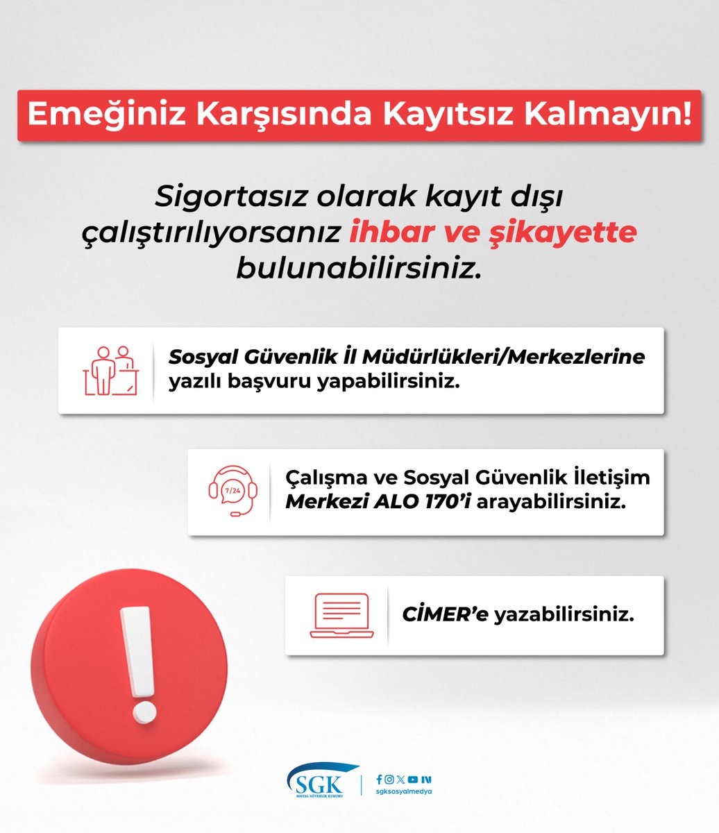 Emeklerinizin karşılıksız kalmasına izin vermeyin ❌

Eğer sigortasız çalıştırılıyor ya da kayıt dışı istihdama maruz kalıyorsanız, hakkınızı aramak için ihbarda veya şikayette bulunabilirsiniz.