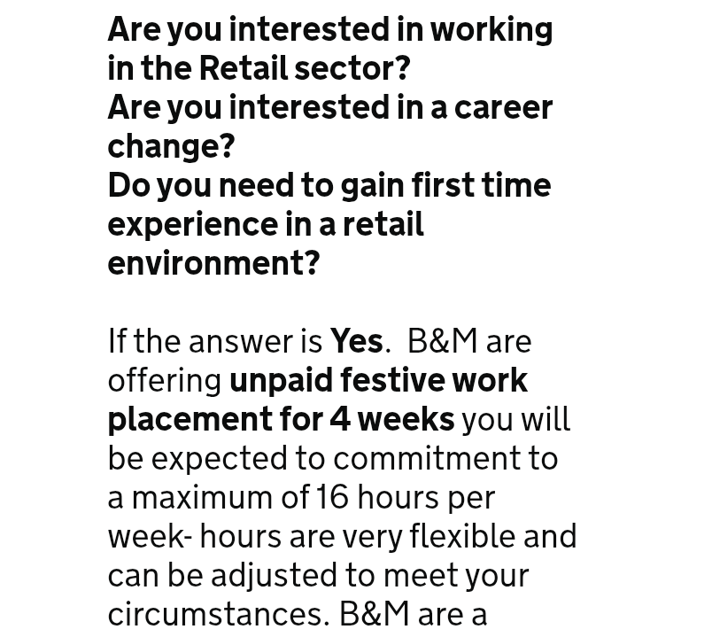 B&amp;M are kindly offering ppl four weeks festive work, it's UNPAID but "hey it'll look great on your CV." 😡

#universalcredit #jobsearch  #jobs #Employment