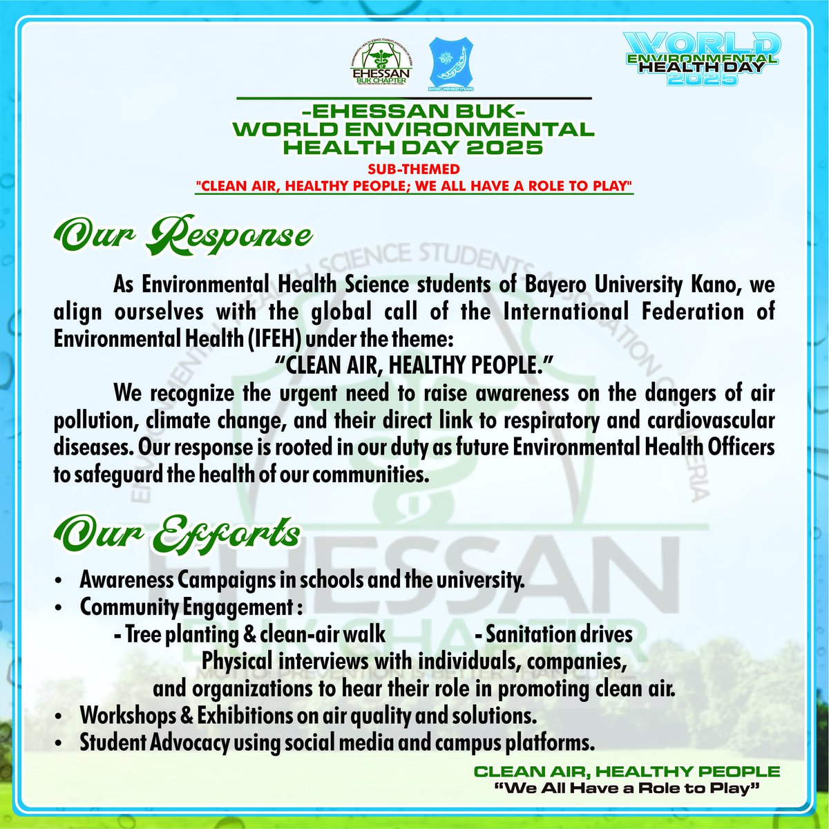 EHESSAN_BUK's tweet photo. 🌍 World Environmental Health Day 2025 - Pre-Event activities
📅 Save the date: September 26, 2025.
#worldenvironmentalhealthday #CleanAirHealthyPeople #EHESSANBUK  #environmentalhealth
#airpollution #climatechange
@FMEnvng @kanoenvironment @EHS_Division @IfehOrg @ACReSALNigeria https://t.co/3iCqyounyF