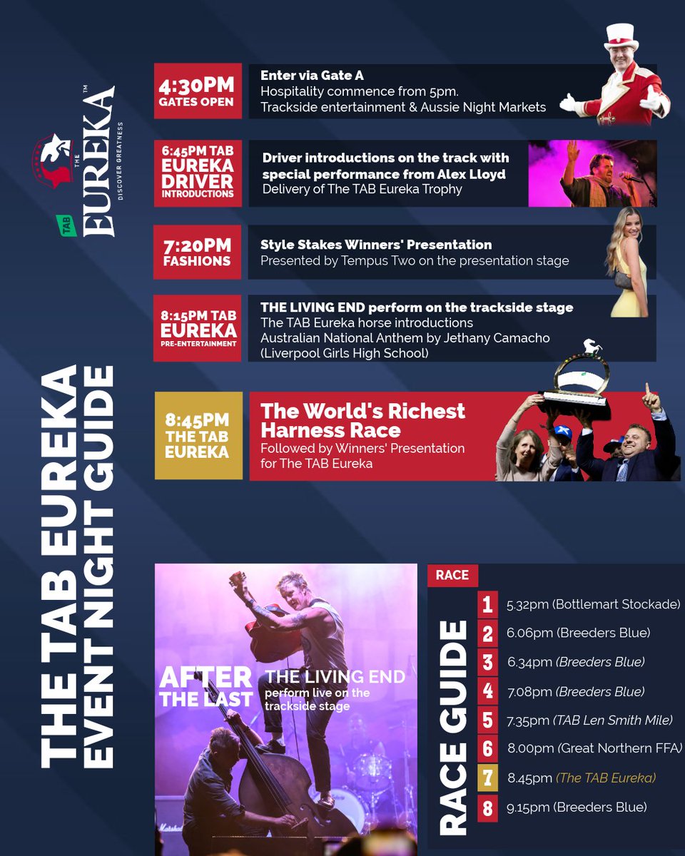 The <a href="/eurekarace/">The TAB Eureka</a> What’s On Guide!🏆🔥

Here is your guide to plan your night at the world’s richest harness race, The <a href="/tabcomau/">TAB</a> Eureka. Gates open at 4.30 pm.

🎟️Don't forget to pre-register your FREE tickets: clubmenangle.com.au/events/the-tab…

#TheTABEureka #DiscoverGreatness