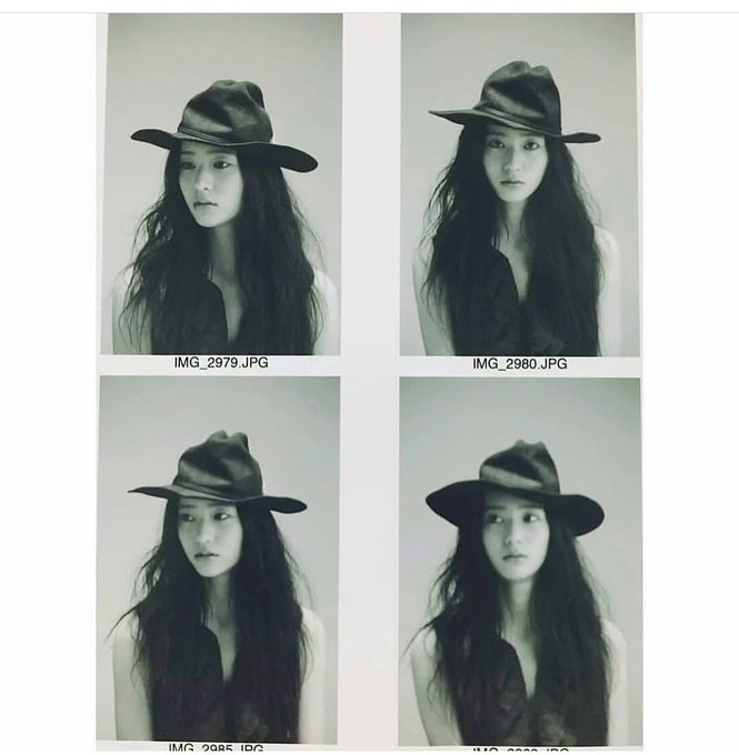 Krystal Jung, wearing a wide-brimmed hat and a sleeveless top with layered fabric, stands with hands in front of her. Her long hair flows over her shoulders. The images are in black and white, showing her in a similar pose across four photos. Instagram watermarks are visible at the bottom of each image.