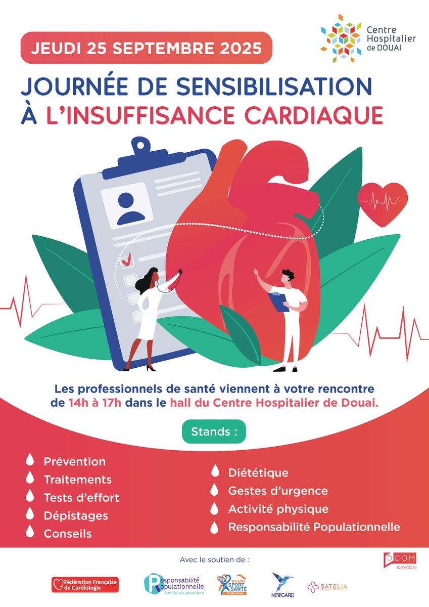 ❤️ Journée de sensibilisation à l’insuffisance cardiaque

📅 Jeudi 25 sept. 2025 – 14h à 17h
📍 Hall du CH de Douai

👩‍⚕️ Les professionnels de santé à votre rencontre :
✅ Prévention • Dépistages • Traitements
✅ Diététique • Activité physique • Gestes d’urgence