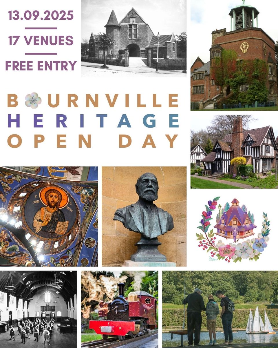 It's 1 week to go until Bournville Heritage Open Day 2025 | Saturday 13th September | 10am - 4pm. Entry is completely FREE to 17 historic venues across George Cadbury's garden village. For full details and a map visit: bvt.org.uk/your-neighbour…