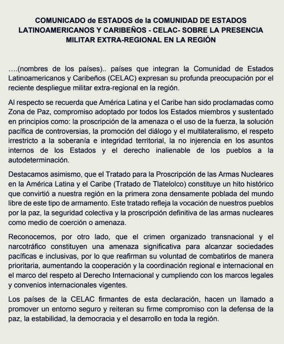 A t e n c i ó n 

Cada una de estas banderas representan gobiernos que defienden la soberanía, la paz y la lucha contra el crimen transnacional en América Latina y el Caribe. 

🇲🇽 🇧🇷 🇨🇱 🇧🇴 🇨🇴 🇨🇺 🇦🇬 🇧🇧 🇧🇿 🇩🇲 🇬🇩 🇻🇪 🇬🇹  🇭🇳 🇳🇮 🇩🇴 🇰🇳 🇱🇨 🇸🇷 🇺🇾

Son los gobiernos que expresaron su
