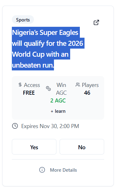 AgoraPredict's tweet photo. 🔥 Predictions 👉Nigeria’s Super Eagles will qualify for the 2026 World Cup with an unbeaten run.

https://t.co/DFG1xeFlfD https://t.co/cgq2q7s6EV