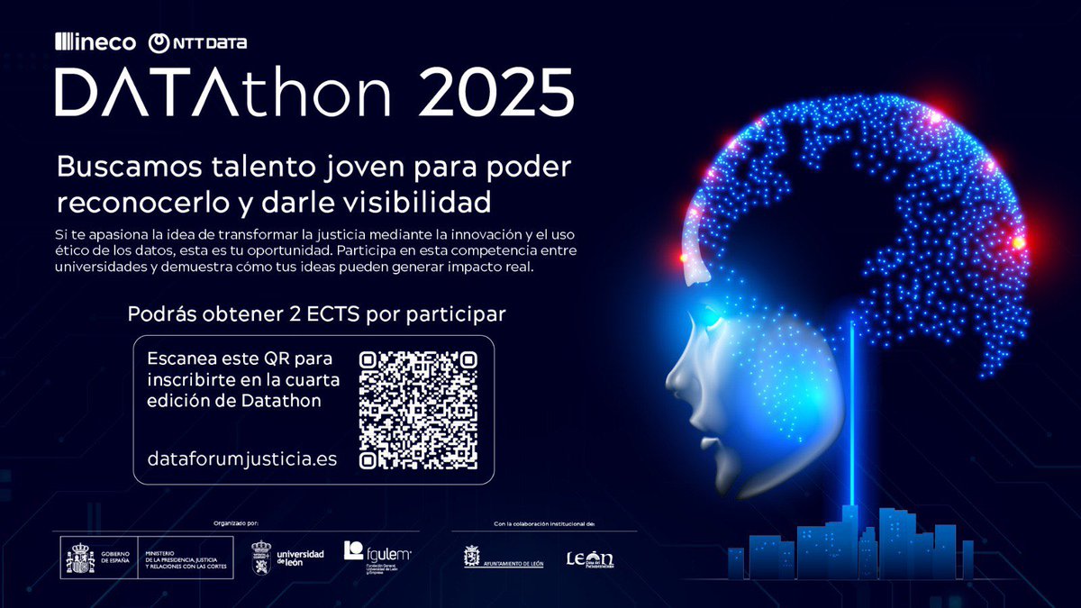unileon's tweet image. ¡Abiertas las inscripciones para el #DATAthon2025! 

Equipos multidisciplinares crearán soluciones tecnológicas para mejorar la justicia. ⚖️💡 

Premios a la mejor solución técnica y propuesta más innovadora. 

Inscríbete ya: ow.ly/XQjR50WRM7H

#UniLeón #DATAthon #DATAforum