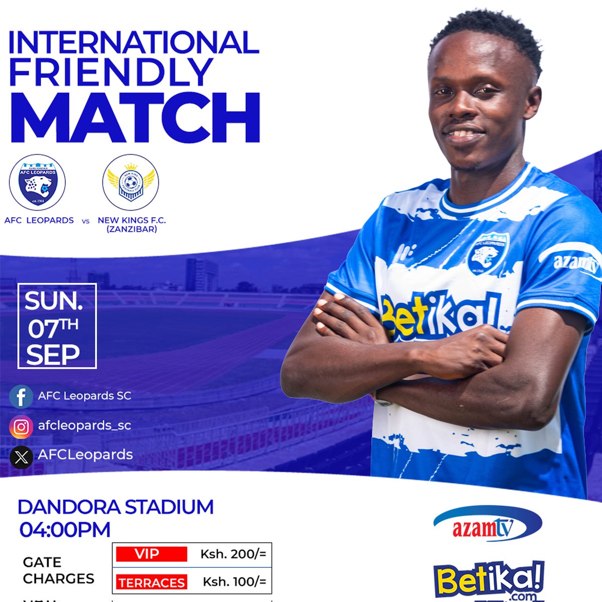 𝐔𝐏𝐃𝐀𝐓𝐄 

We will be hosting  New Kings FC from the Zanzibar Premier League this Sunday  at Dandora Stadium in an international friendly match. 

The match will kick off at 4.00pm 

𝐓𝐈𝐂𝐊𝐄𝐓𝐈𝐍𝐆 𝐈𝐍𝐅𝐎𝐑𝐌𝐀𝐓𝐈𝐎𝐍 ➡️leopards.api.co.ke

#𝐈𝐍𝐆𝐖𝐄
