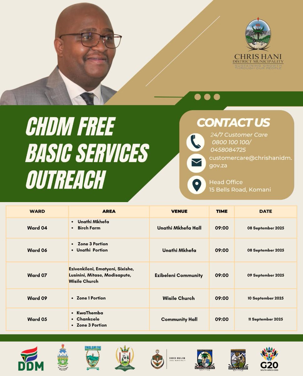 Umasipala wesithili i-Chris Hani DM ebambisene ne-Enoch Mgijima Local Municipality no SASSA kunye noSAPS, bayaqhuba kwiphulo lokubhalisa abantu abalungele ukuxhamla kwinkonzo yafele-fele kamasipala ukanti nabo bakulungeleyo ukufumana isaphulelo.

#CHDMAtWork
#IndigentRegistration