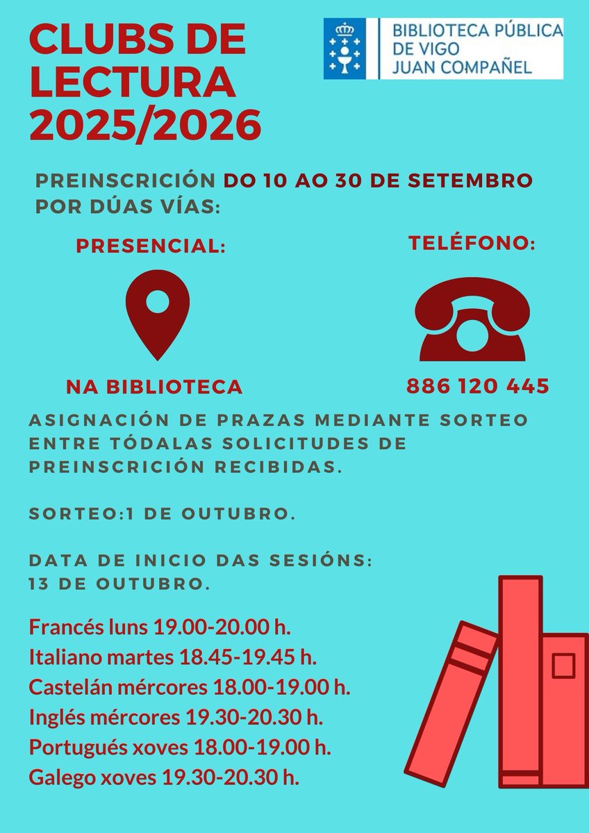A vindeira semana ábrese o prazo de preinscrición para os clubs de lectura. Como xa sabedes temos en diversos idiomas. Animádevos a ler e conversar!