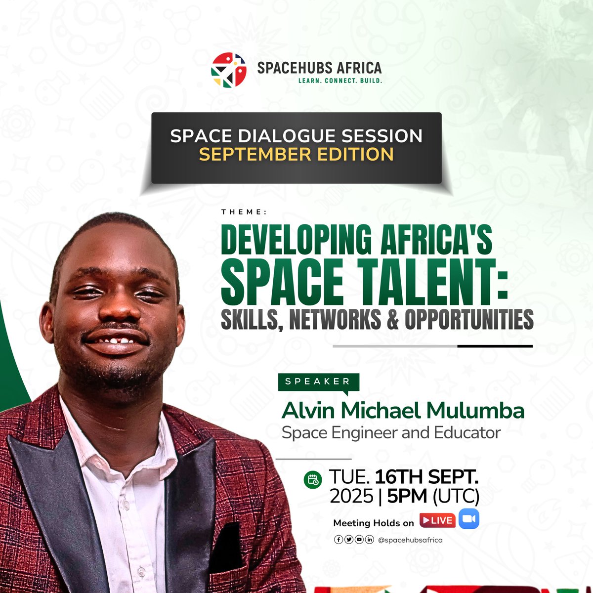 For our September  space dialogue session with <a href="/EbrukaNelly/">Magdala</a>, meet guest speaker Alvin Michael Mulumba. 

Alvin is a satellite engineer, researcher &amp; mentor contributing to capacity building for space in Africa.
 
📅 Sept 16 | 5PM UTC
 Register: lnkd.in/d3kqqG9