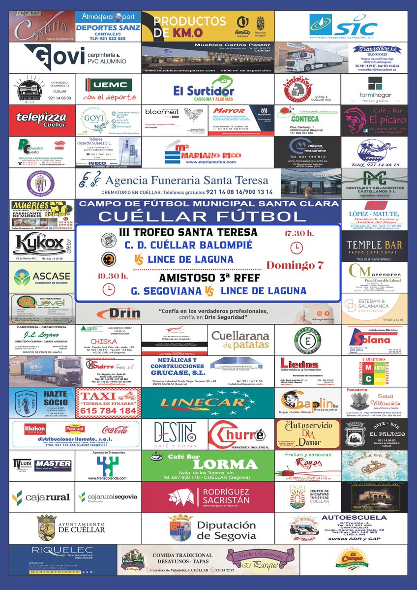 CD Cuéllar Balompié (@cd_cuellar) on Twitter photo PRETEMPORADA 🔵⚽️ | Súper domingo de fútbol en Santa Clara.
🏆 III Trofeo Santa Teresa vs <a href="/AtleticoLaguna/">CD Atlético de Laguna</a> a las 17:30
Y después a las 19:30 amistoso de clubes de Tercera RFEF contra <a href="/lagimnastica/">Gimnástica Segoviana CF</a> y Lince de Laguna PRETEMPORADA 🔵⚽️ | Súper domingo de fútbol en Santa Clara.
🏆 III Trofeo Santa Teresa vs <a href="/AtleticoLaguna/">CD Atlético de Laguna</a> a las 17:30
Y después a las 19:30 amistoso de clubes de Tercera RFEF contra <a href="/lagimnastica/">Gimnástica Segoviana CF</a> y Lince de Laguna