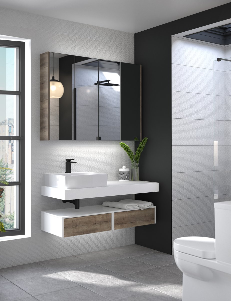 Introducing a spa vibe into this Geo family bathroom by teaming crisp whites with the warmth and texture of this authentic oak finish. Adding a stylish tall unit ensures there's plenty of shelf space for everyone.