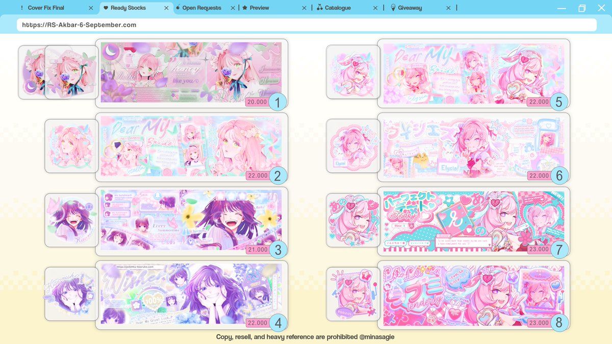minasagie's tweet photo. (3/14)  

any interaction is cherished 🍨

HALO! kita ada Ready Stock 106 LAYOUT Stella, Kaoruko, WuWa, ZZZ, Genshin, dan HSR via DM📷bisa ditake W/ FEE BOOK (2k/layout) mulai Sabtu, 6 Sept jam 15.00 WIB &amp; WITHOUT FEE BOOK mulai Sabtu, 6 Sept jam 20.00 WIB ‼️

#zonajajan #zonaba https://t.co/N8KYHk4Y7D
