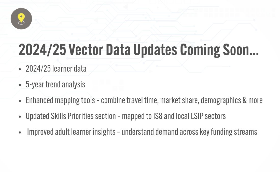 Coming Soon: 2024/25 Vector Data Updates!
We’re preparing to launch the latest updates to Vector, our powerful insight platform used by over 80% of Further Education Colleges in England to support curriculum planning &amp; strategic decision making

#DataInEducation #FurtherEducation