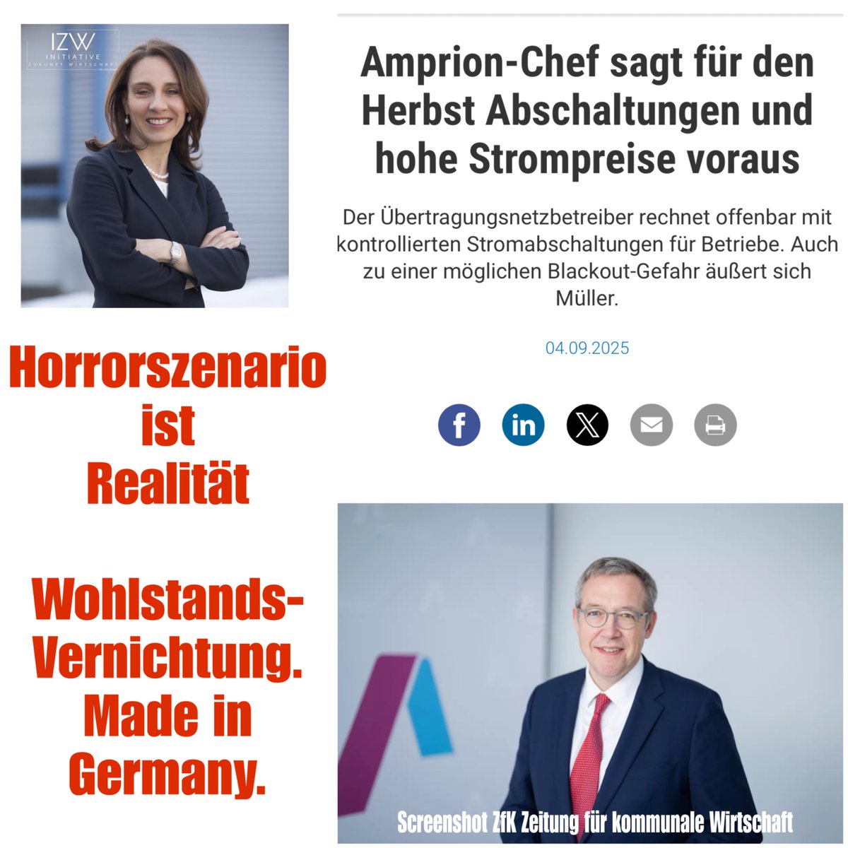 🚨Deutschland rationiert Strom. Ein Drehbuch für Wohlstandsvernichtung❗️

Der Chef des Übertragungsnetzbetreibers Amprion GmbH,  Christoph Müller, rechnet im kommenden Herbst mit hohen Strompreisen. 
Auch kontrollierte #Lastabschaltungen, also Unterbrechungen bei der