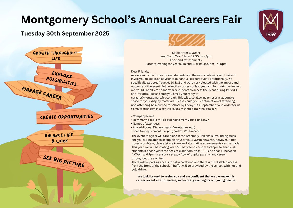 Calling all local businesses! We're hosting a Careers Fair on Tues 30th Sept and would love for you to get involved. This is a fantastic opportunity to inspire the next generation &amp; showcase what you do. Email us to find out more! careers@montgomery.fcat.org.uk