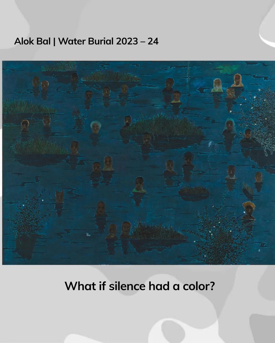 Stood before Water Burial and wondered—if silence had a color, would it be layered blues? Heavy yet tender, holding loss and renewal. The canvas doesn’t shout; it absorbs, like water carrying stories beneath.

Artwork: Water Burial (2023-24) by Alok Bal.
.
.
#painter #art #canvas