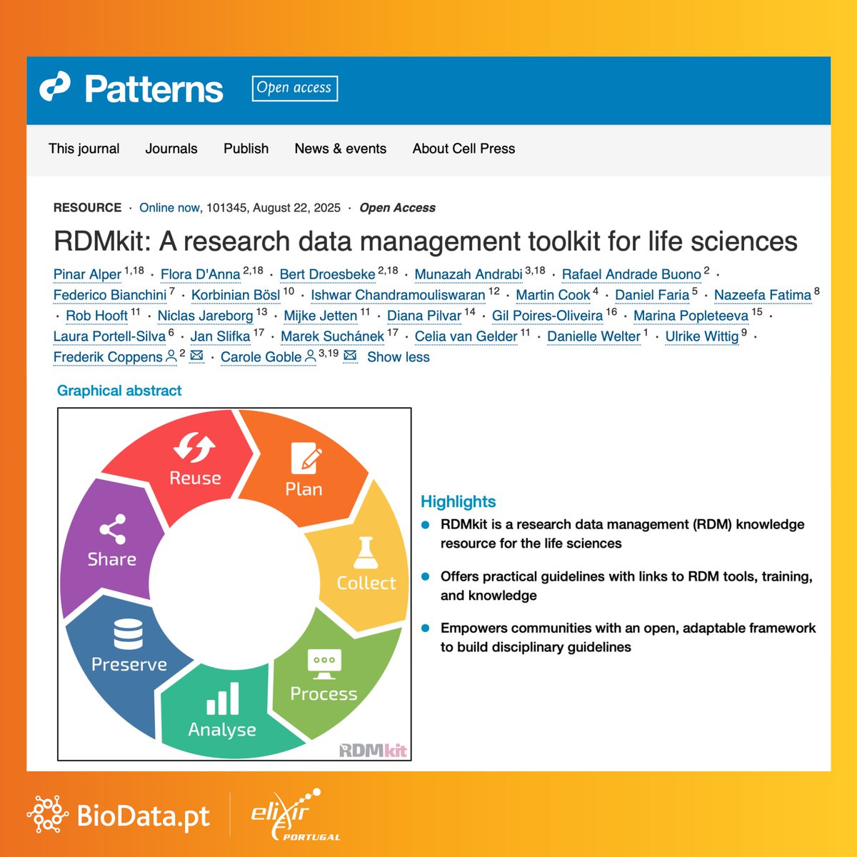 🎉 Congrats to our BioData.pt colleagues Daniel Faria &amp; Gil Poiares-Oliveira on their co-authorship in Patterns (Cell Press)!

The article showcases the impact of RDMkit, ELIXIR’s flagship RDM resource.

👉 doi.org/10.1016/j.patt…
#BioData_pt #RDMkit #RDM #CellPress