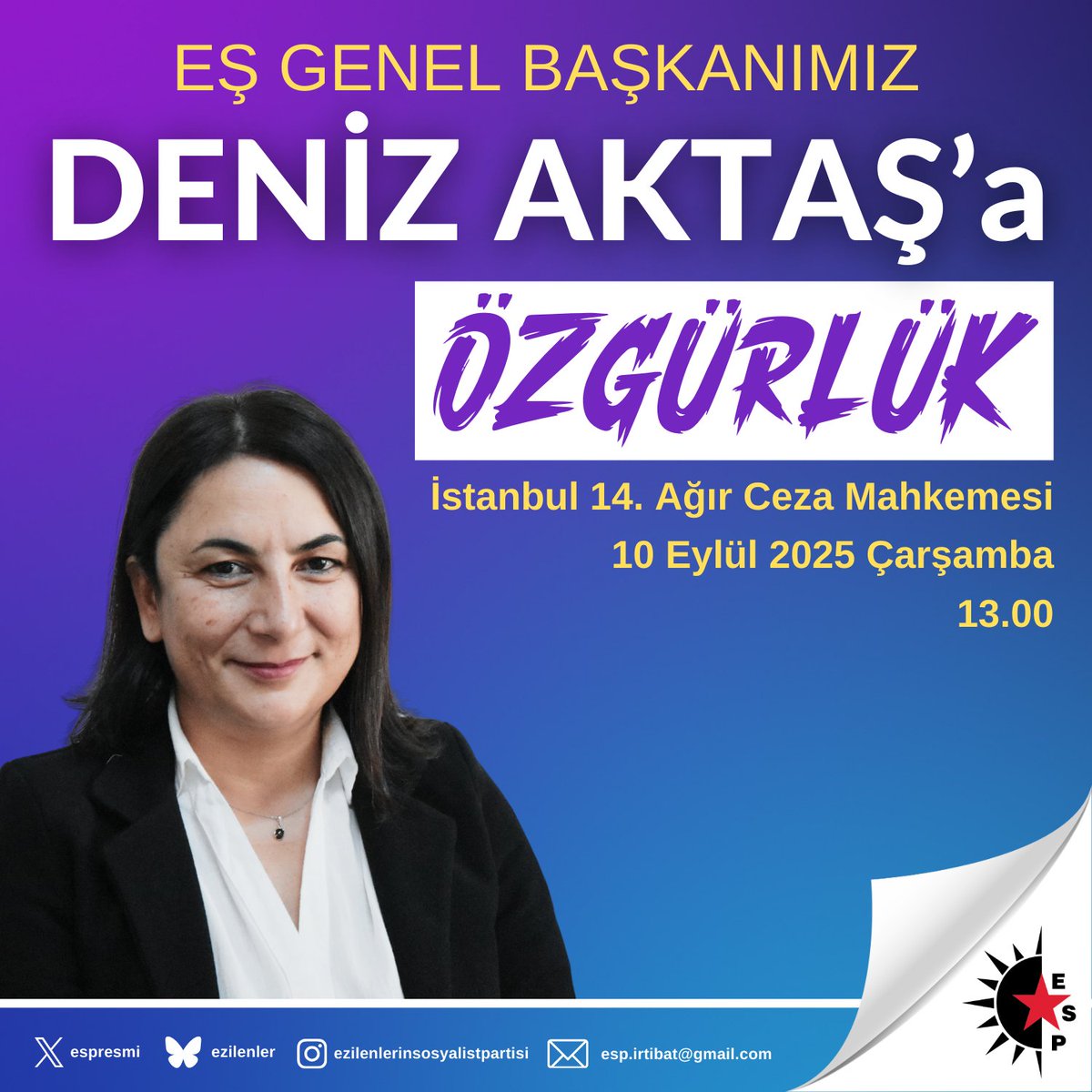 Tüm demokratik kamuoyuna ve halklarımıza çağrımızdır.

Ocak ayından bu yana; katıldığı eylem ve etkinlikler gerekçesiyle tutuklu olan Eş Genel Başkanımız Deniz Aktaş’ın yargılandığı davanın duruşması 10 Eylül Çarşamba günü saat 13.00’te İstanbul 14. Ağır Ceza Mahkemesi’nde