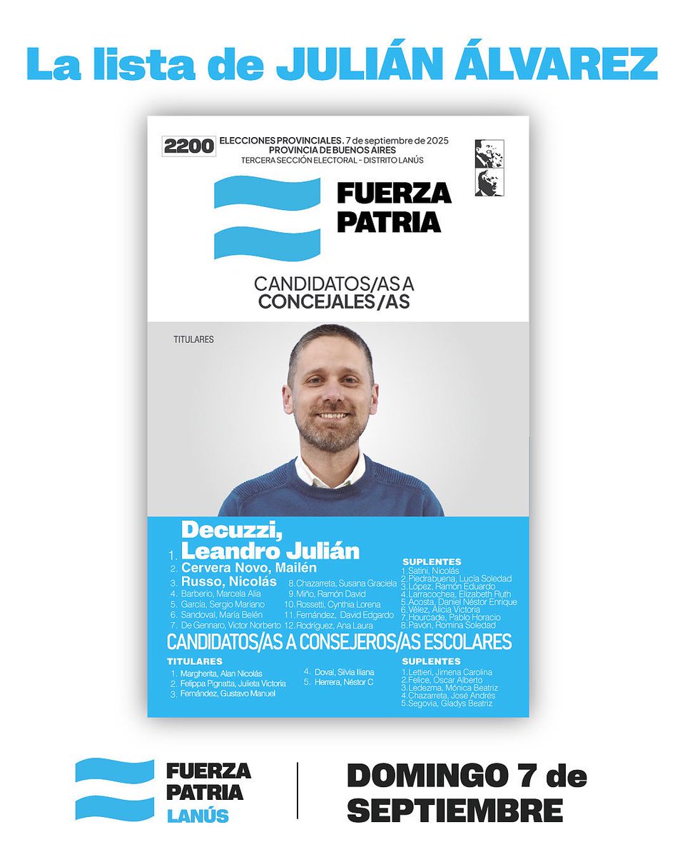 Este domingo 7 de septiembre acompañá la lista de @ajulianalvarez.

VOTÁ @Leandrodecuzzi CONCEJAL para seguir construyendo la Ciudad que nos merecemos 🩵

VOTÁ la Fuerza para frenar a Milei 🇦🇷