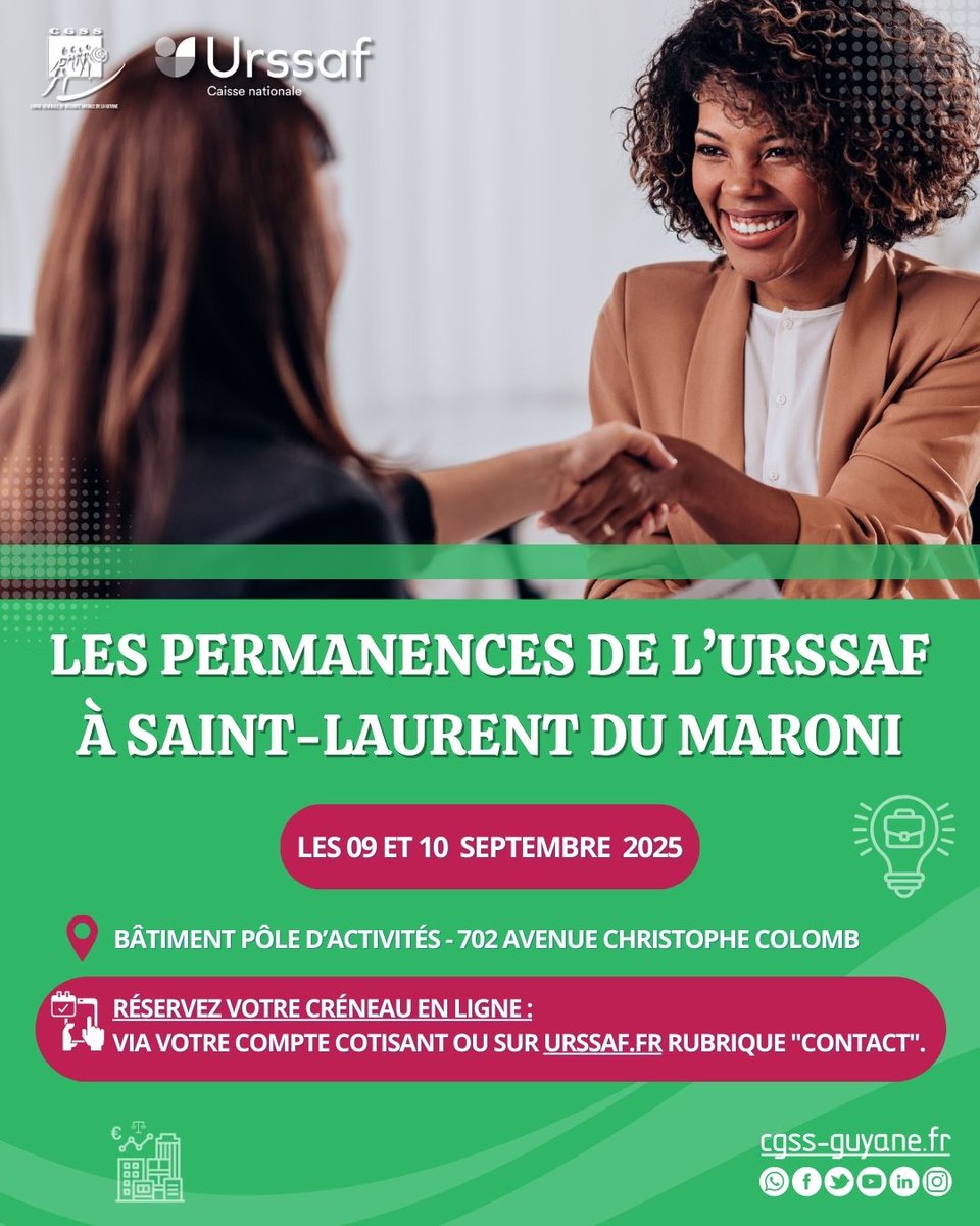 🤝Les 09 et 10/09/2025, l’#URSSAF va à la rencontre des #cotisants de l’Ouest guyanais en assurant une permanence à l’accueil de la <a href="/cgssgf/">CGSS_Guyane</a> de Saint Laurent du Maroni.

Prise de RDV 👉votre compte ou sur urssaf.fr – rubrique « Contact ».🌐