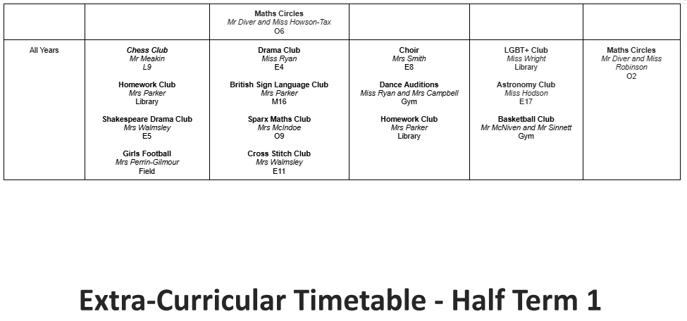 Extra Curricular Timetable: A copy of the extra curricular timetable will be emailed home early next week. Here it is for your reference..