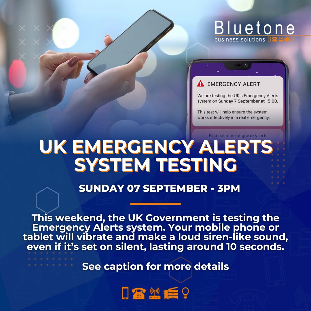 The UK government is testing the national Emergency Alerts system on Sunday 07 September 2025 at 3pm.

Public emergency alerts, which use the 4G and 5G mobile networks, enable urgent messages to be broadcast to a defined area when there is an imminent risk to life, such as