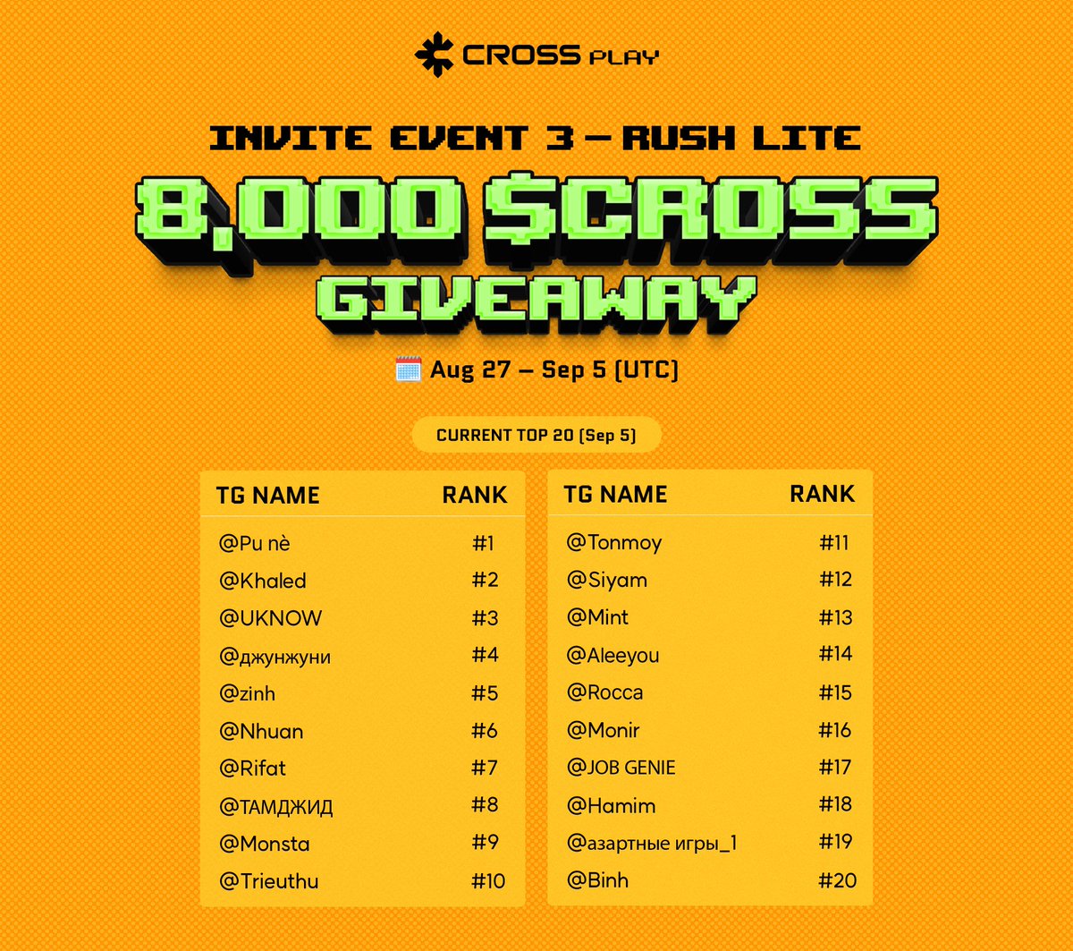 [Invite Event S3 - Sept 5]

🚨 FINAL HOURS 🚨
Invite Event S3: Rush Lite ends today — Sept 5, 23:59 UTC!
Just a few hours remain to climb the leaderboard and secure your share of 8,000 $CROSS.
No second chances — invite now, fight for the top, and lock in the final rewards! 🚀