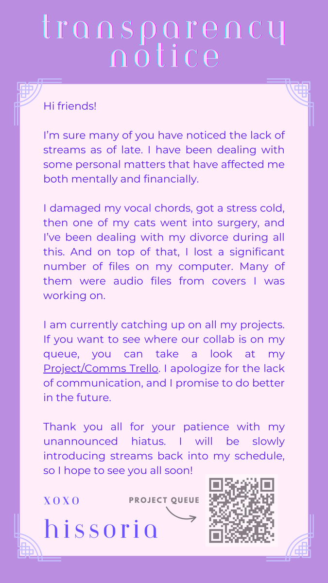 Just wanted to keep y'all in the loop! I will resume more regular streams starting next week! (then I'll be taking a one-week mental health vacay BUT! I will come back for realsies this time)

🖤✨