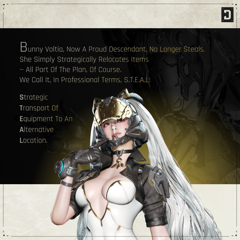 FirstDescendant's tweet image. Introducing a new way to outsmart resource management: Strategic Transport of Equipment to an Alternative Location... a.k.a S.T.E.A.L
It&apos;s a thing now—straight from Bunny herself. 🐇⚡
#TFDLore