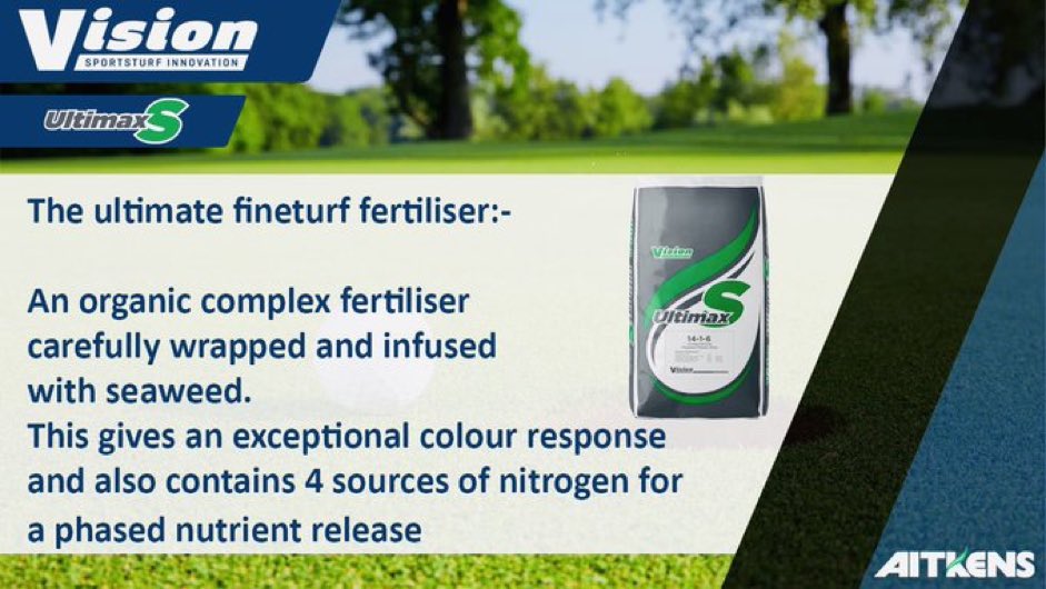 Ultimax-S Fineturf | An exceptional range of organic complex fertiliser carefully wrapped and infused with seaweed. Gives an exceptional colour response and contains 4 nitrogen sources for an immediate response year round…  🌊🌱 
<a href="/Aitkens_turf/">𝔸𝕀𝕋𝕂𝔼ℕ𝕊</a> | #UltimaxS
