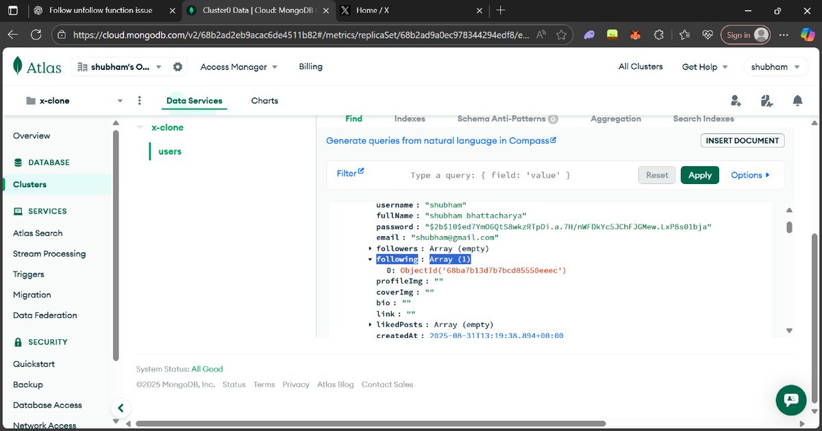 Shubham_level's tweet photo. #day3 for winning a hackerthon :  

Today, I built and learned how the follow and unfollow functions work, as well as how profiles are created in the backend, and how authors like me follow and unfollow this process. I learn and implemented it in my X clone model  

#hackathon https://t.co/yIGZ1lrFsE