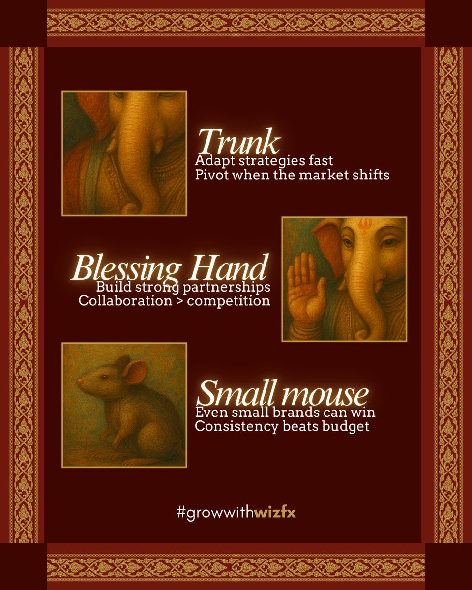 wizfxcomm's tweet photo. In a world racing ahead, Ganesha’s timeless virtues guide us: listen more (big ears), innovate (big head), stay agile (trunk), and embrace every lesson (large stomach). let Bappa’s wisdom light the path to smarter, soulful growth. #growwithwizfx #GaneshChaturthi2025 https://t.co/yqWgFHsfda