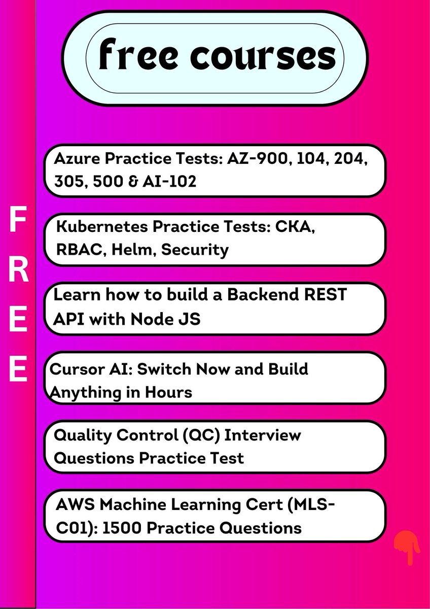 Kalhara91396492's tweet photo. 40+ Udemy Courses & Coupons Updated on 2025-09-05 (ONLY 100 coupons Available for each course)

Enroll: https://t.co/J3XFNmSAZG

1. Azure Practice Tests: AZ-900, 104, 204, 305, 500 & AI-102

2. Kubernetes CKA Practice Test: 360 Questions on Helm & RBAC

3. AWS DEA-C01: 500 Practice Questions for Exam Success

4. Build a User Web App from Scratch with Vanilla PHP 8+

5. Build a Backend REST API with Node JS from Scratch

6. Build a Robust RESTful API with PHP 8, from Scratch!

7. Cisco CCNP ENCOR 350-401 Practice Tests – 1500 Questions

8. Cursor Vibe Coding Pro: Build Any App from Scratch with AI

9. Full-Stack Web Developer Certification

10. AWS Developer Assoc Cert (SAA-C03): 1500 Practice Questions

11. AWS SysOps Admin Cert (SOA-C02): 1500 Practice Questions

12. AWS Cloud Pract Cert (CLF-C02): 1500 Practice Questions

13. Quality Control (QC) Interview Questions Practice Test

14. Robot Framework Interview Questions Practice Test

15. HTML5 & CSS3 Build: Two Responsive Websites in Hindi

16. AWS Adv Architect Cert (SAP-C02): 1500 Practice Questions

17. Comprehensive React JS Practice Test : Skill Mastery

18. Business Development, Sales & Marketing Professional Diploma

19. Learn Apache Spark to Generate Weblog Reports for Websites

20. Big Data Programming Languages & Big Data Vs Data Science

21. Salesforce LWC (Lightning Web Component) with Live Project

22. Certified Kubernetes Application Developer | CKAD Exam 2025

23. Master Adobe Illustrator: Design Awesome Logos and Graphics

24. Ultimate Character Design Course with Adobe Illustrator-2025

25. Adobe Photoshop For Beginners in Just 2 Hours [2025]

26. Professional Diploma in Business Models Development

27. The Complete Terraform IAC Development Bootcamp

28. Entrepreneurship: Ideas, Market Analysis, Competitors, Place

29. Java And PHP Complete Course For Java And PHP Beginners

30. CSS, JavaScript And Python Complete Course

31. SAP  Public Cloud Central Business Configuration(CBC)

32. Digital Platforms and Ecosystems Business and Partnership

33. Entrepreneurship and Business Essentials

34. Sustainable Manufacturing: Review & Emerging Advances

35. Interviewing & Hiring Mastery : Become a Pro in 5 Days

36. Android apps with artificial Intelligence

37. Generative AI : Create an impressive AI Art 2025

38. Natural Language Preprocessing Using spaCy

39. Feature Engineering  For Machine Learning 101

40. Brain computer interface with deep learning

#freeonlinecourses
#udemycourses
#udemycoupons
#freecourses
#coursera
#freeudemycourses
#onlinecourseswithcertficates
#impodaysbulk